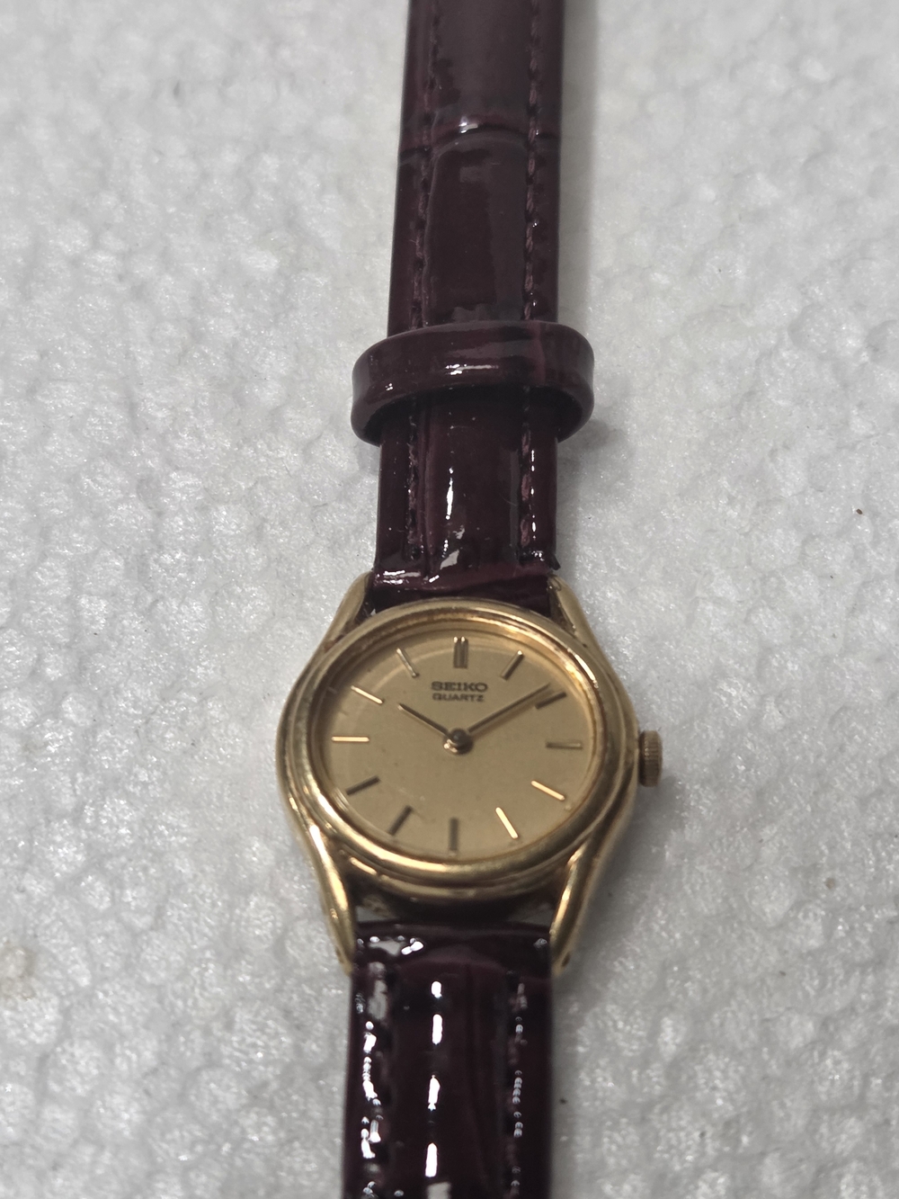 Seiko Gold Dial Women's Quartz Watch with Burgundy Patent Strap 2P20-0080